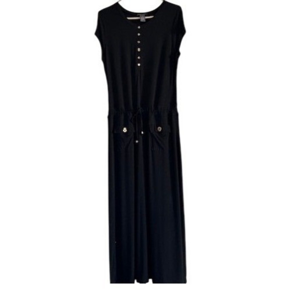 Chelsea & Theodore Black Short Sleeve Button Front Maxi Dress Drawstring Size 12